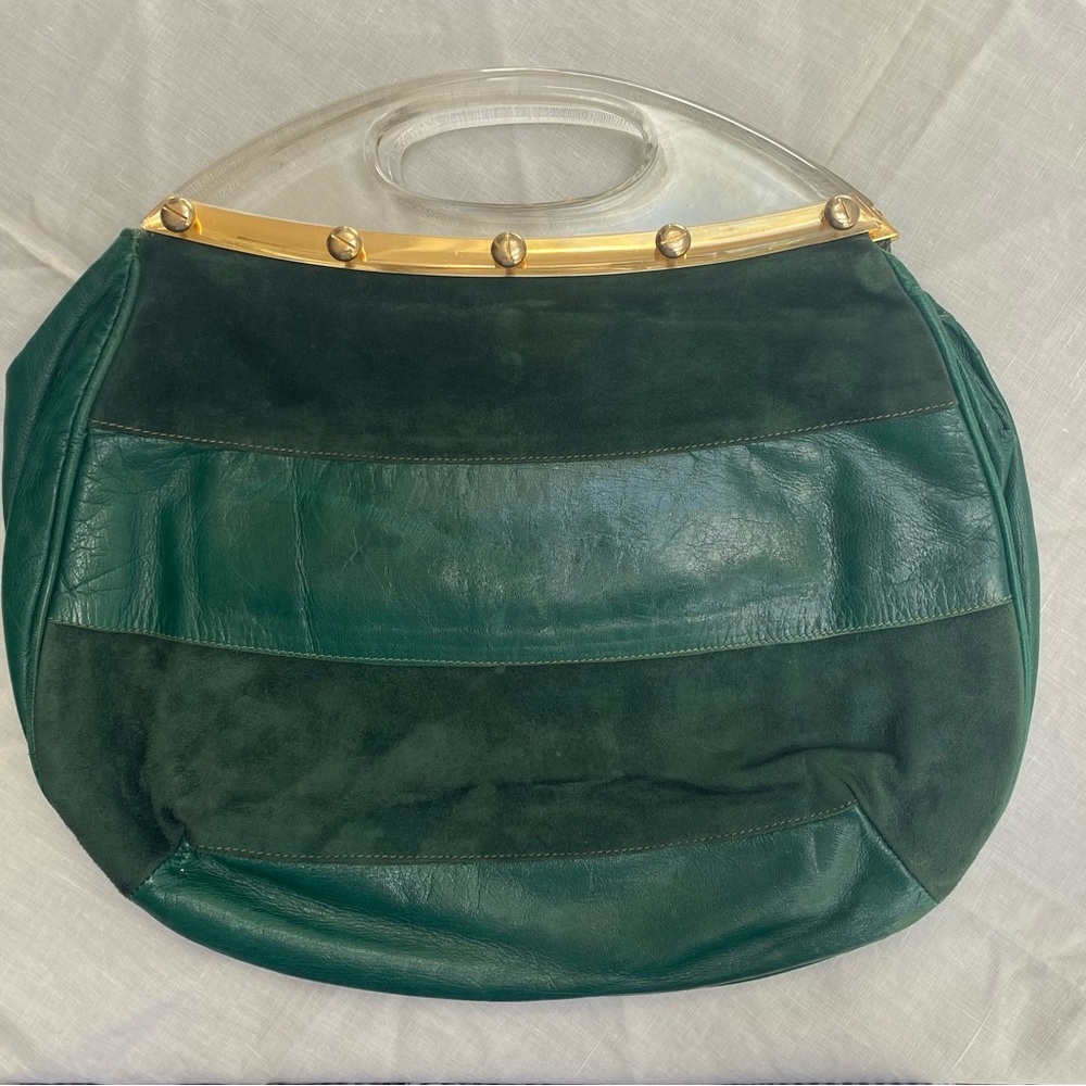 Bloomingdale’s Italian Leather and Suede Purse with Lucite Handle - Picture 2 of 5